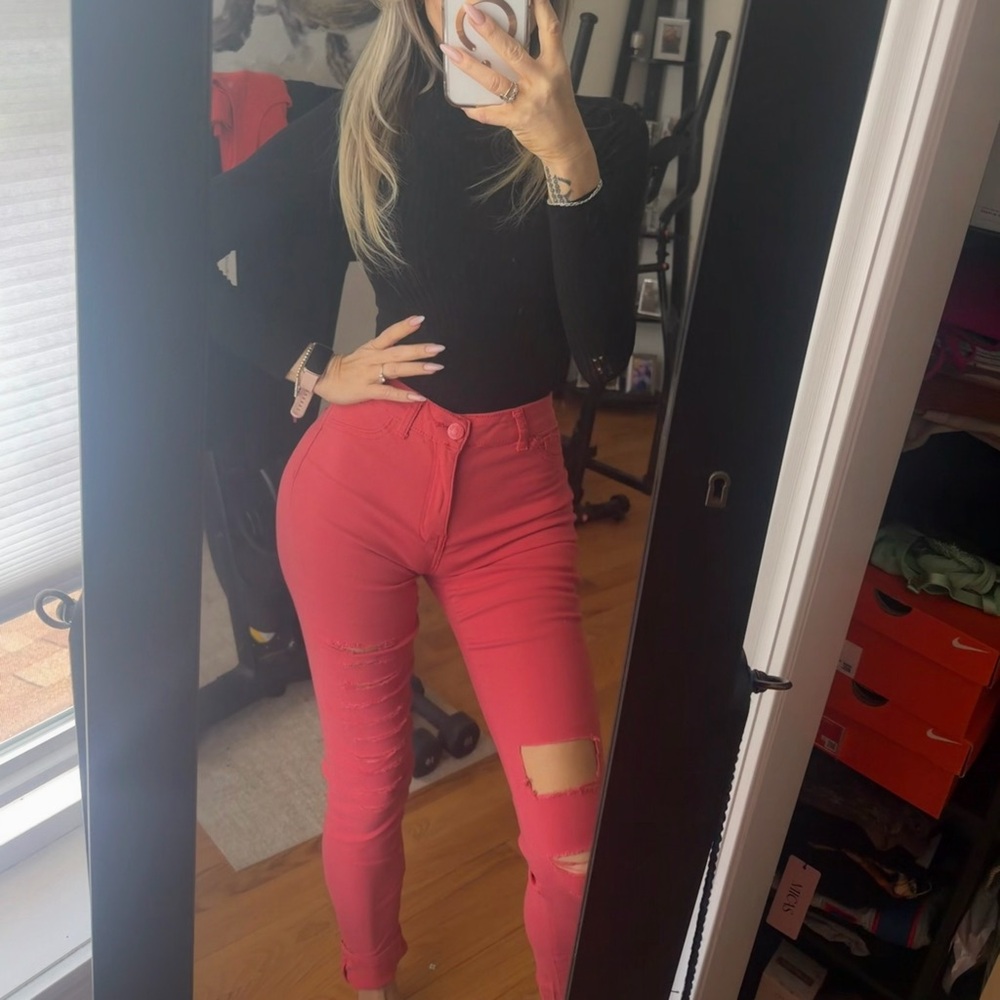High-Rise Pink coral fashion nova size 7 spandex Distressed Skinny Jeans ankle